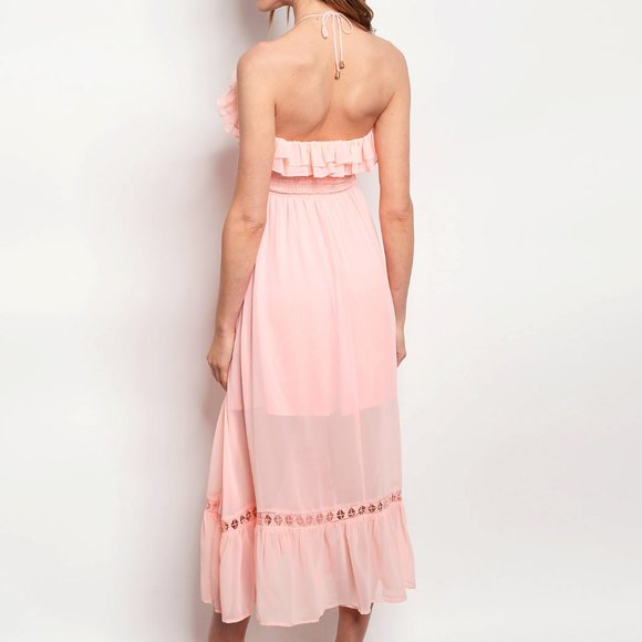 Bright Pink Chiffon Ruffle Halter Midi Maxi Dress - Picture 6 of 8